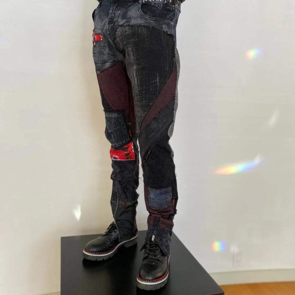 Acid Washed Black & Grey jeans with Metallic silver and CRIMSON Rose Tie Dye - Picture 13 of 17